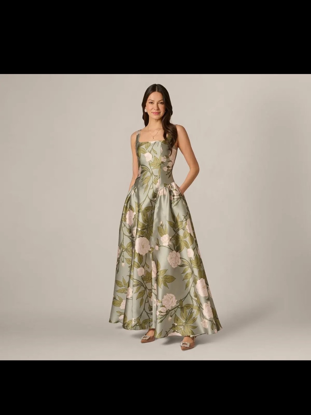 Adrianna Papell Sage Green Floral Satin Maxi Dress with Blush Blooms